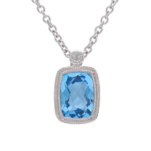Load image into Gallery viewer, .925 Sterling Silver Rectangle Cushion-Cut Blue Topaz Milgrain 1/2&quot; Pendant Necklace with White Sapphire Accent, 18&quot;