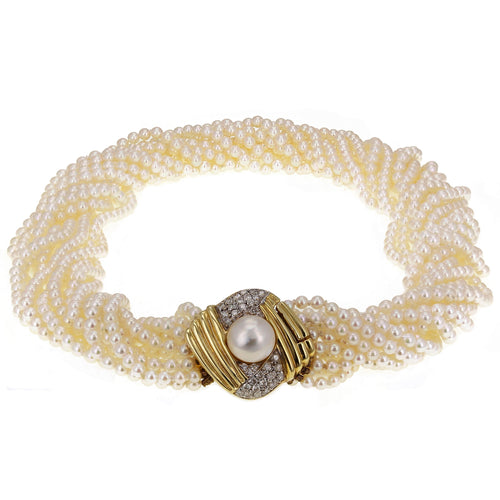 14k Yellow Gold 0.40ctw Diamond &  White Pearl Multi-Strand Choker Necklace, 16