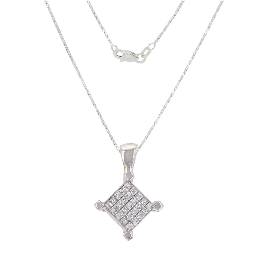 Italian 14k White Gold 1/2ctw Princess Diamond  Square Pendant Necklace, 18