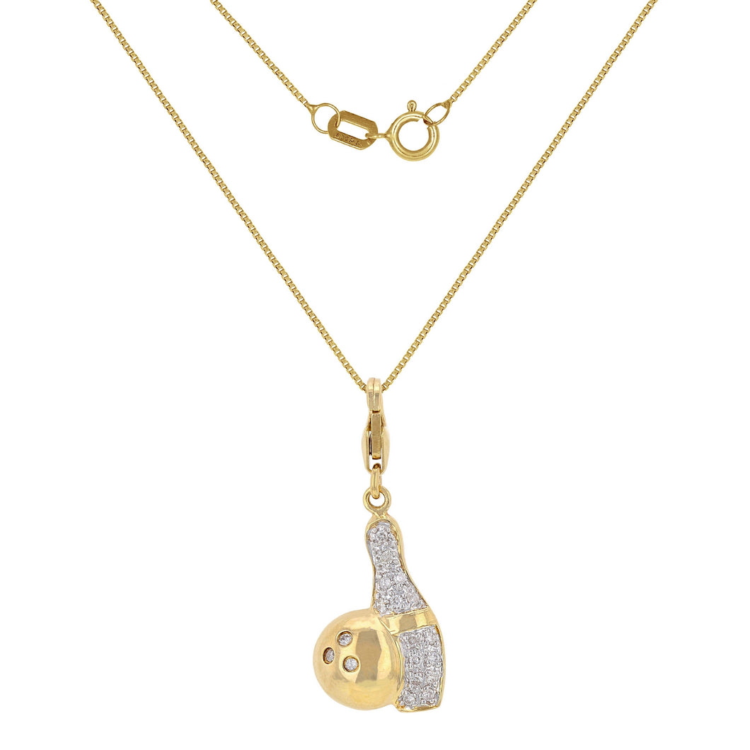 14k Yellow Gold 0.20ctw Diamond Pave Bowling Pin & Ball Pendant Necklace Set, 18