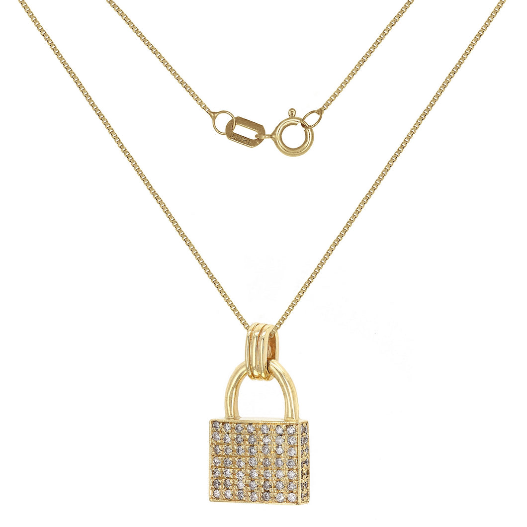 Italian 14k Yellow Gold 1.10ctw Diamond Pave Trendy Padlock Pendant Necklace, 18
