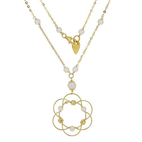Italian 14k Yellow Gold White Pearl Magic Wire Sphere Pendant Y-Necklace, 18