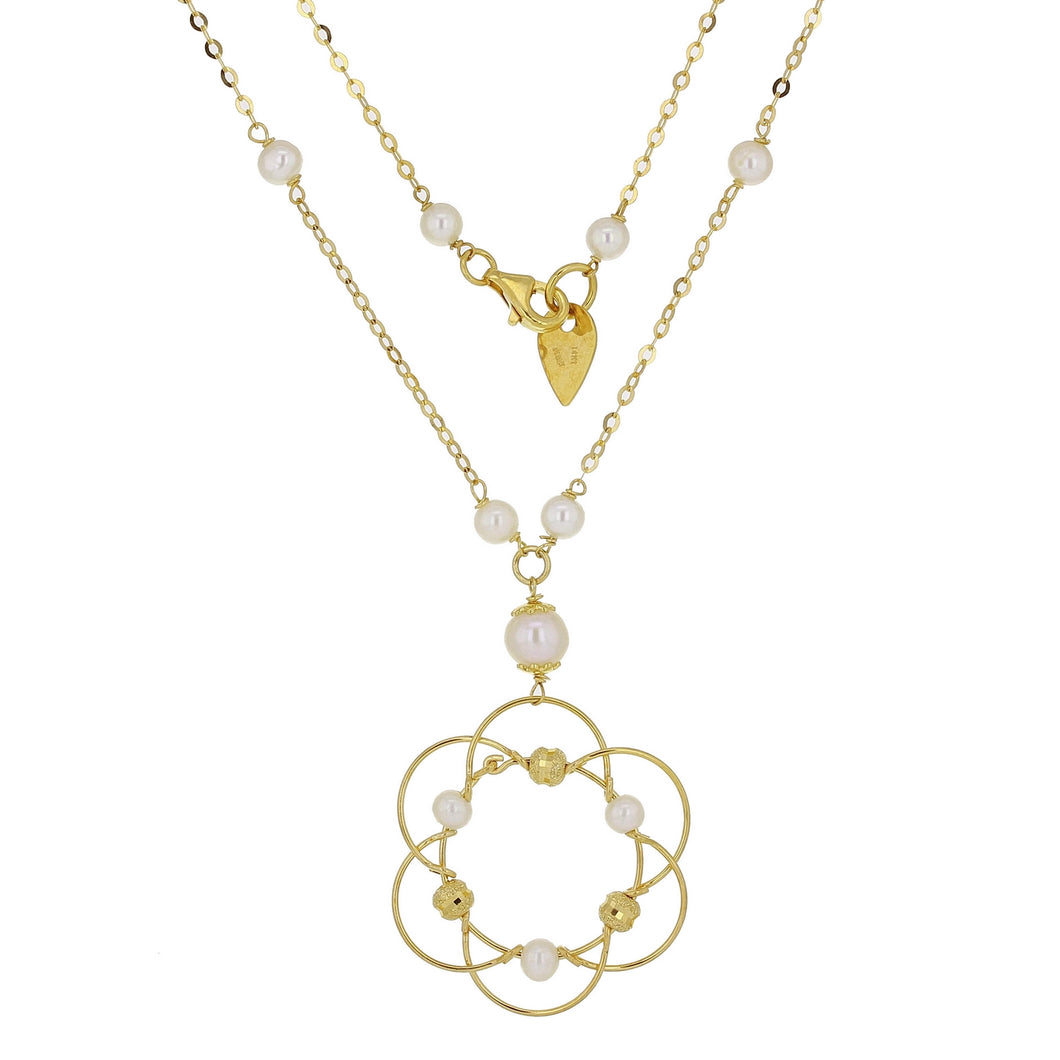 Italian 14k Yellow Gold White Pearl Magic Wire Sphere Pendant Y-Necklace, 18