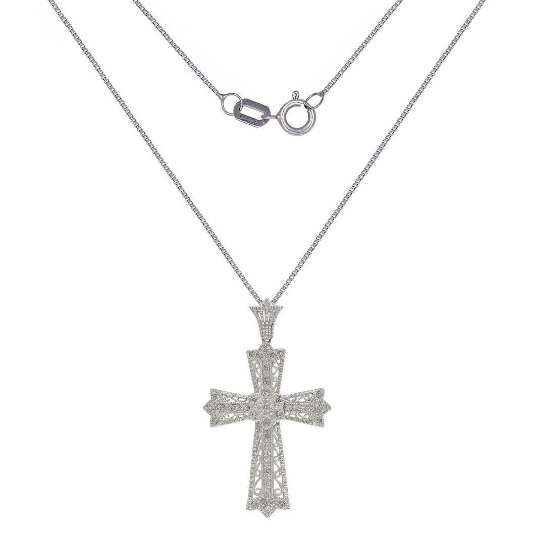 Italian 14k White Gold 1/3ctw Diamond Celtic Cross Pendant Necklace, 18