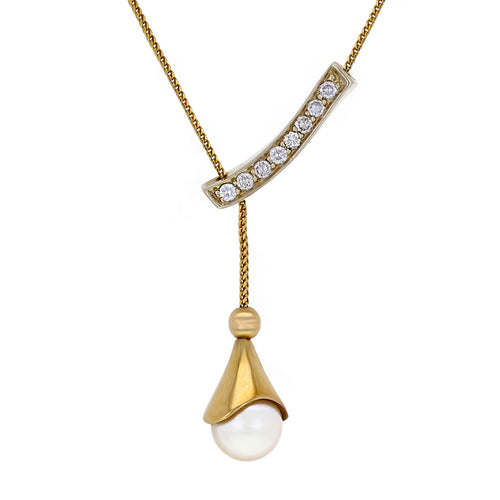 14k Yellow Gold 1/2ctw Diamond & 8.50mm White Cultured Pearl Lasso Necklace