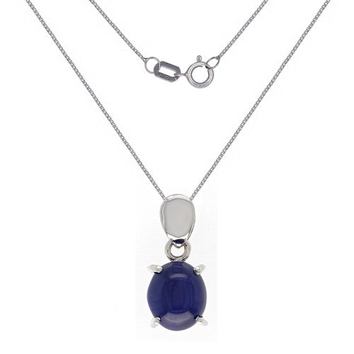 Italian 14k White Gold 9x11mm Cabochon Blue Star Sapphire Pendant Necklace, 18