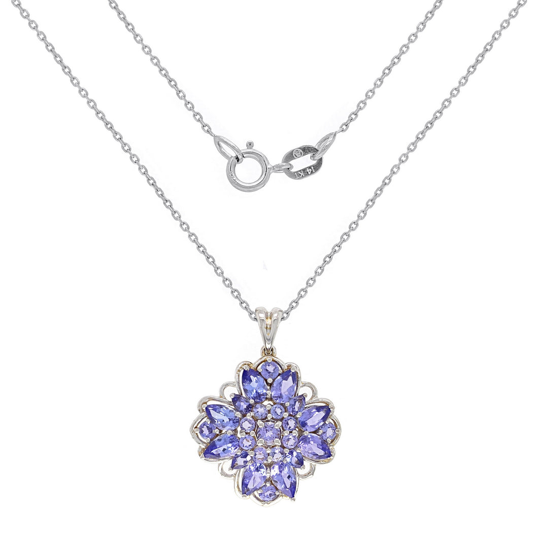 Italian14k White Gold 1.45ctw Tanzanite Flower Cluster Pendant Necklace, 18