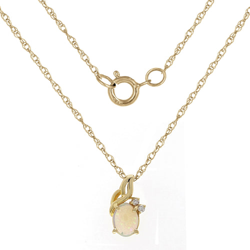 14k Yellow Gold 8x6.5mm White Opal & 0.05ctw Diamond Pendant Necklace, 18