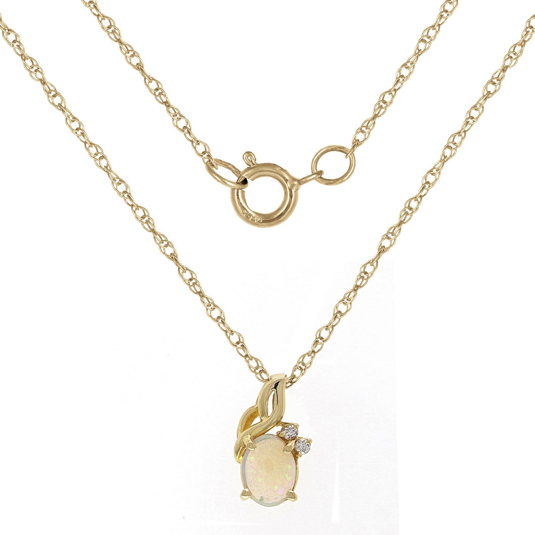 14k Yellow Gold 8x6.5mm White Opal & 0.05ctw Diamond Pendant Necklace, 18
