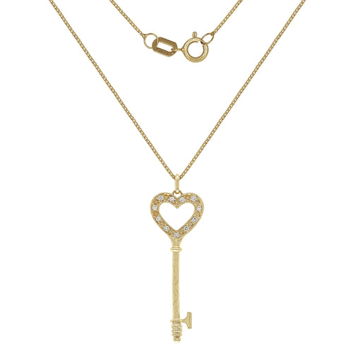 Italian 14k Yellow Gold 0.10ctw Diamond Heart Skeleton Key Pendant Necklace, 18