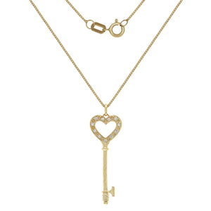 Italian 14k Yellow Gold 0.10ctw Diamond Heart Skeleton Key Pendant Necklace, 18"