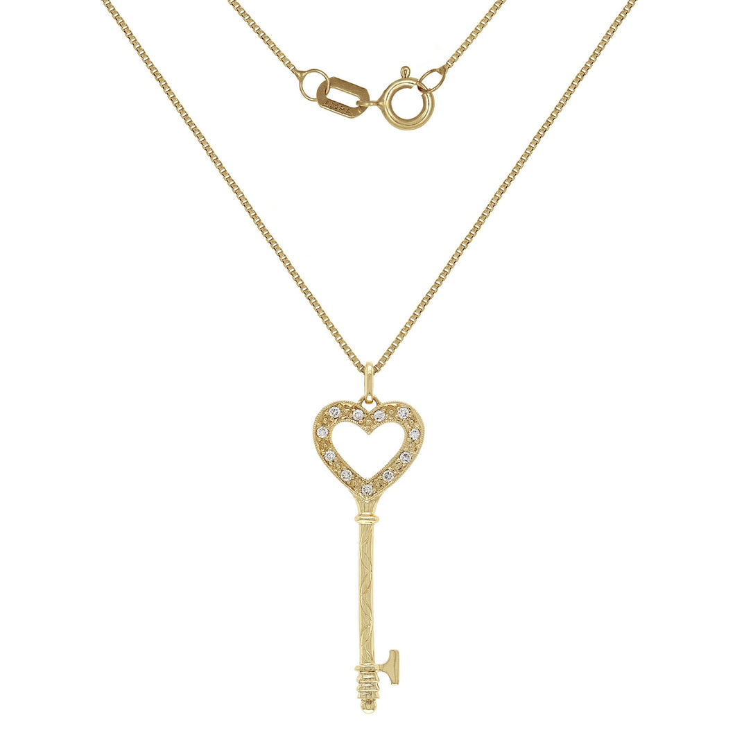 Italian 14k Yellow Gold 0.10ctw Diamond Heart Skeleton Key Pendant Necklace, 18