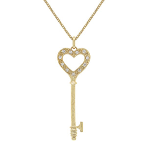 Italian 14k Yellow Gold 0.10ctw Diamond Heart Skeleton Key Pendant Necklace, 18"