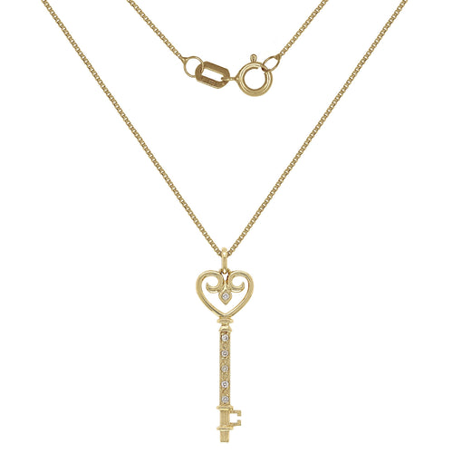 Italian 14k Yellow Gold 0.10ctw Diamond Heart Skeleton Key Pendant Necklace, 18