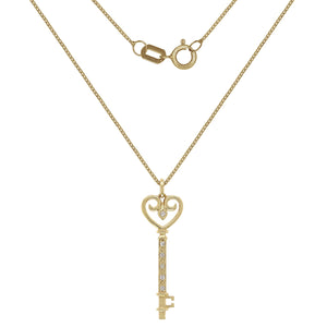 Italian 14k Yellow Gold 0.10ctw Diamond Heart Skeleton Key Pendant Necklace, 18"