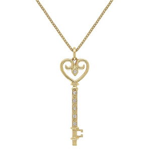 Italian 14k Yellow Gold 0.10ctw Diamond Heart Skeleton Key Pendant Necklace, 18"