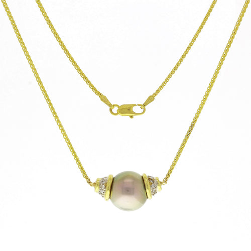 Italian 14k Gold 12mm Black Cultured Tahitian Pearl 1/4ctw Diamond Necklace, 18