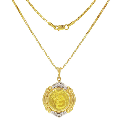 14k Yellow Gold 0.13ctw Diamond Panda Chinese Coin Pendant Necklace