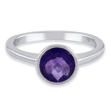 Load image into Gallery viewer, .925 Sterling Silver &amp; Amethyst, Blue Topaz or Garnet Milgrain Bezel-Set Fashion Ring (Various Sizes)