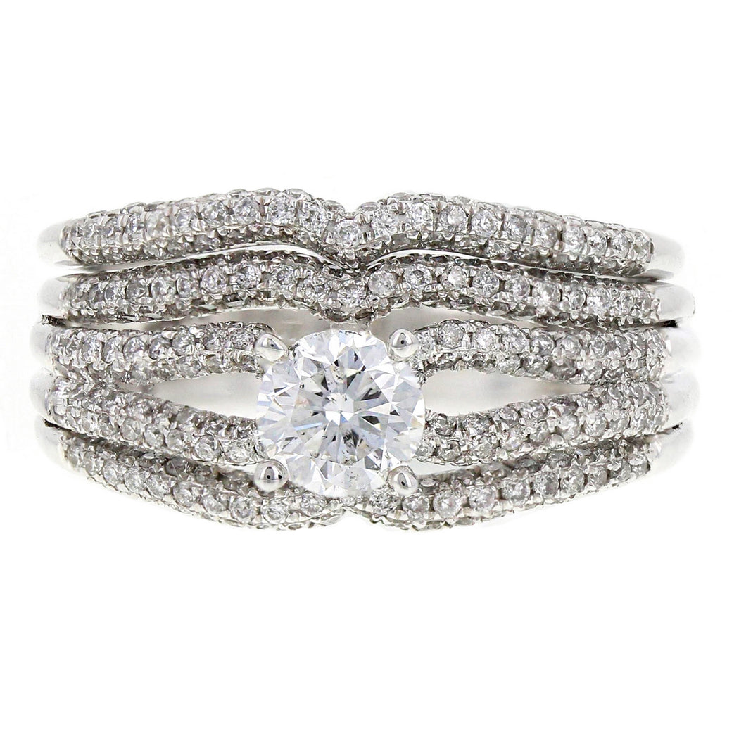 14k White Gold 1.51ctw Diamond Pave Multi-Row Matching 2 Piece Bridal Ring Set
