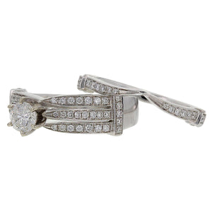 14k White Gold 1.13ctw Diamond Matching Engagement &  Wedding 2 Piece Ring Set