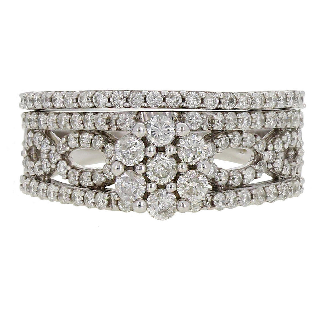 14k White Gold 1.05ctw Diamond Cluster Deco Inspired 2 Piece Bridal Ring Set