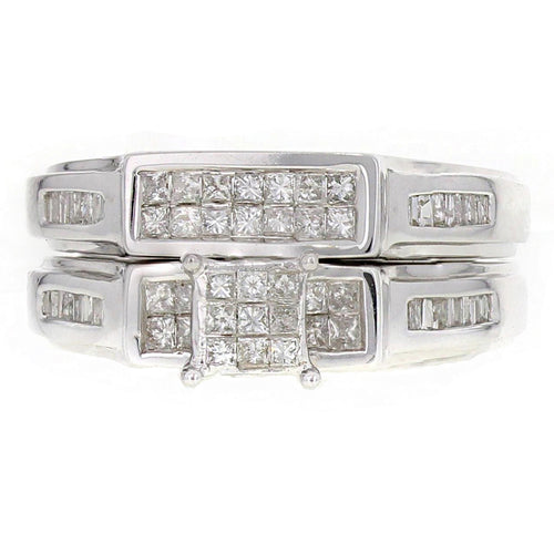 14k White Gold 0.85ctw Princess Cut Diamond Matching 2 Piece Bridal Ring Set