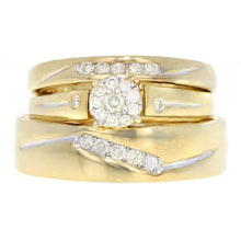 Load image into Gallery viewer, 10k Yellow Gold 0.58ctw Diamond Cluster Bride &amp; Groom Matching 3 Piece Ring Set