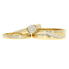 Load image into Gallery viewer, 10k Yellow Gold 0.58ctw Diamond Cluster Bride &amp; Groom Matching 3 Piece Ring Set