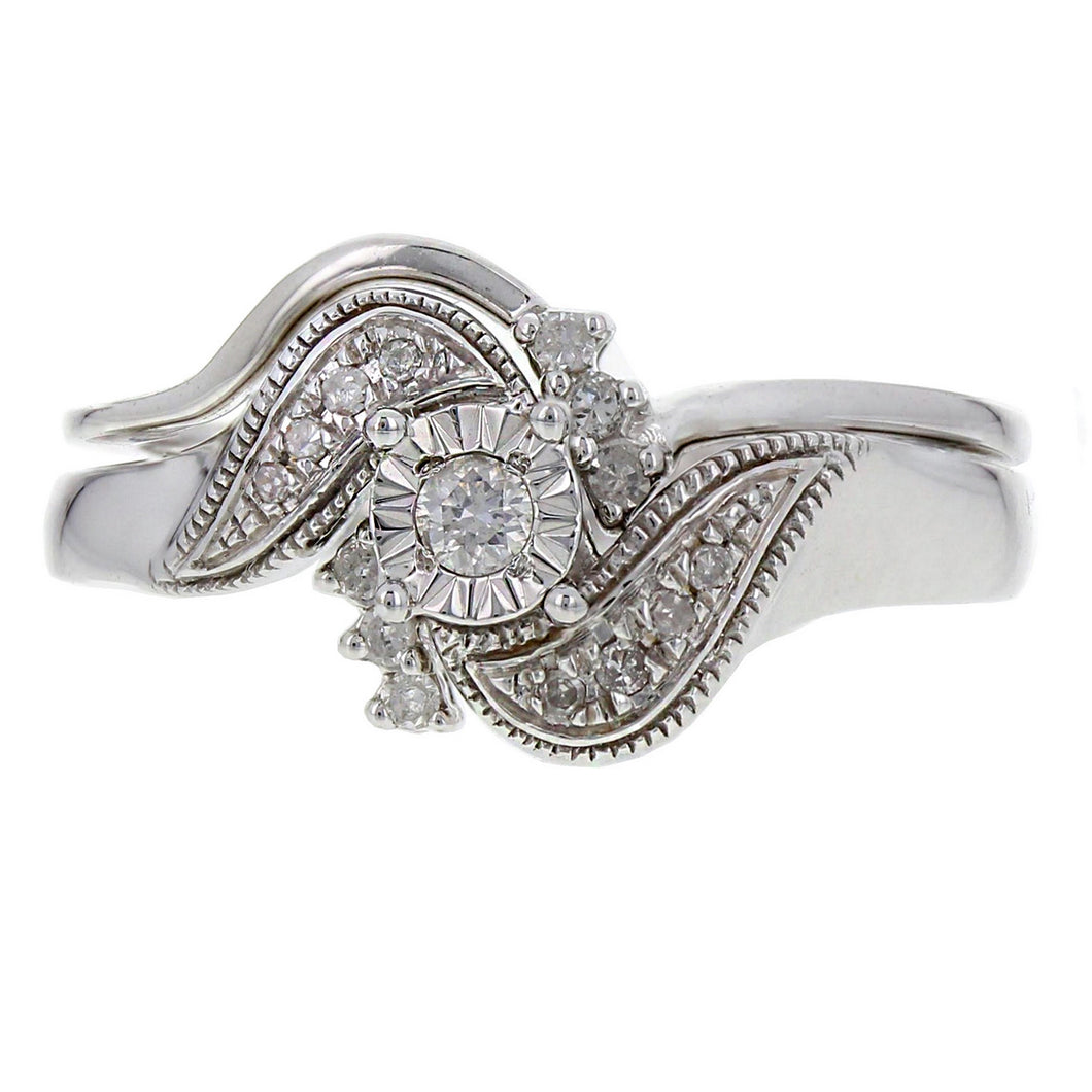 14k White Gold 0.15ctw Diamond Matching Engagement Ring & Ring Guard Set