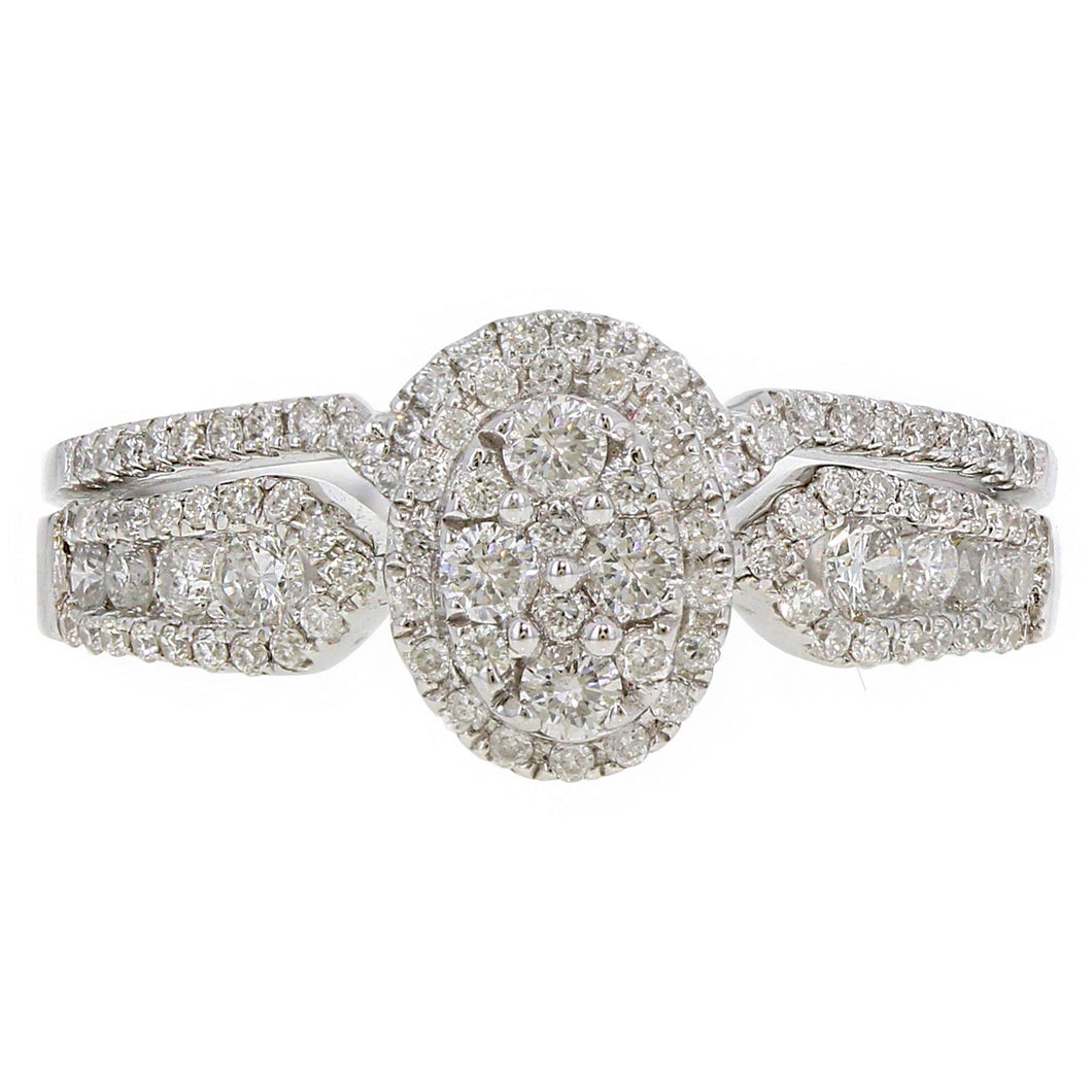 14k White Gold 0.65ctw Diamond Cluster Deco Inspired 2 Piece Bridal Ring Set