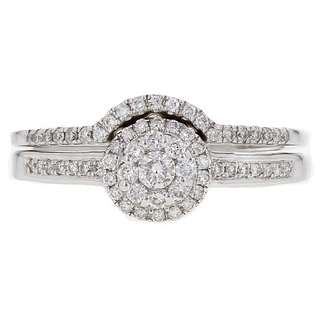 14k White Gold 0.28ctw Diamond Cluster Matching 2 Piece Bridal Ring Set