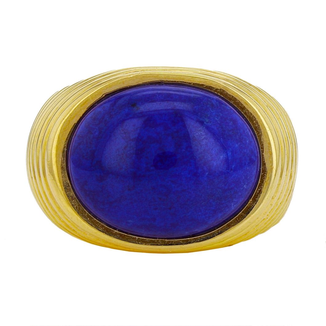 14k Yellow Gold Oval Cabochon Lapis Lazuli Shiny Scalloped Ring