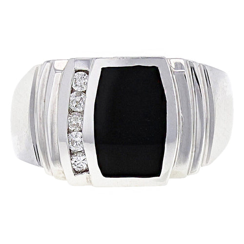 Men's 14k White Gold 0.20ctw Diamond & Black Onyx Scalloped Ring