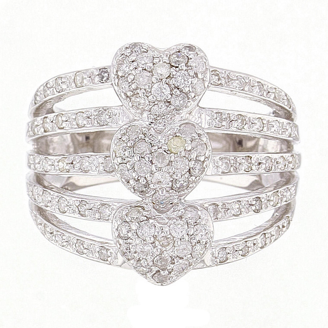 14k White Gold 1ctw Diamond Triple Heart Stack Multi Row Split  Ring