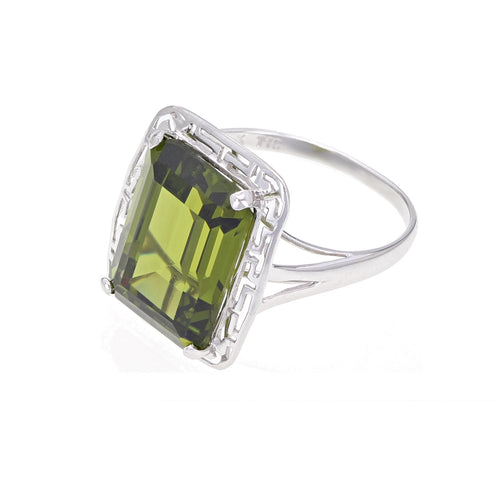 14k White Gold 9ctw Emerald Cut Synthetic Peridot Greek Solitaire Ring