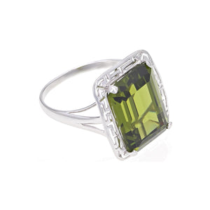 14k White Gold 9ctw Emerald Cut Synthetic Peridot Greek Solitaire Ring