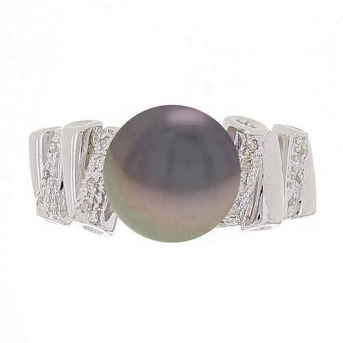 14k White Gold 9.50mm Black Cultured Tahitian Pearl & 0.20ctw Diamond Ring