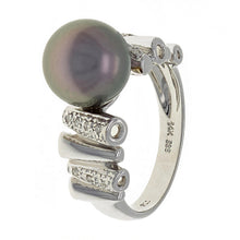 Load image into Gallery viewer, 14k White Gold 9.50mm Black Cultured Tahitian Pearl &amp; 0.20ctw Diamond Ring