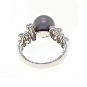 14k White Gold 9.50mm Black Cultured Tahitian Pearl & 0.20ctw Diamond Ring