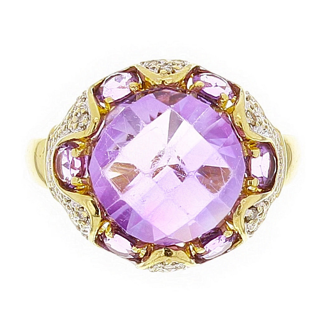 14k Yellow Gold 7.60ctw Amethyst & Diamond Dome Ring