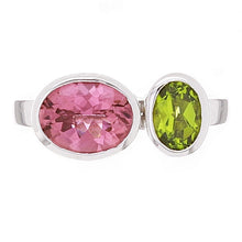 Load image into Gallery viewer, 14k White Gold 3ctw Pink Tourmaline &amp; Peridot Bezel Ring