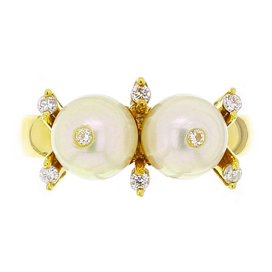 18k Yellow Gold 0.13ctw Diamond & 7mm White Cultured Pearl Ring