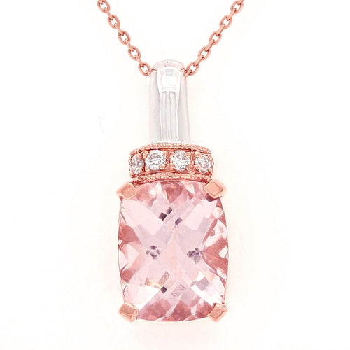 14k Rose & White Gold Rectangle Cushion-Cut Morganite & Diamond Slider Pendant Necklace (0.08 Cttw, H-I Color, I1-I2), 18