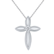 Load image into Gallery viewer, 10k White Gold 1/20 Cttw Diamond-Center Tapered Petal Cross Slider Pendant Necklace (H-I Color, I1-I2), 18&quot;