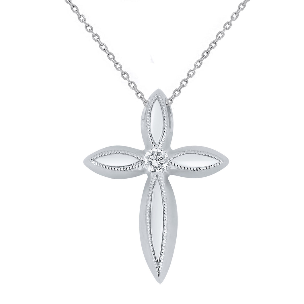 10k White Gold 1/20 Cttw Diamond-Center Tapered Petal Cross Slider Pendant Necklace (H-I Color, I1-I2), 18