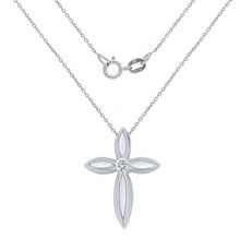Load image into Gallery viewer, 10k White Gold 1/20 Cttw Diamond-Center Tapered Petal Cross Slider Pendant Necklace (H-I Color, I1-I2), 18&quot;