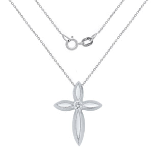 10k White Gold 1/20 Cttw Diamond-Center Tapered Petal Cross Slider Pendant Necklace (H-I Color, I1-I2), 18"
