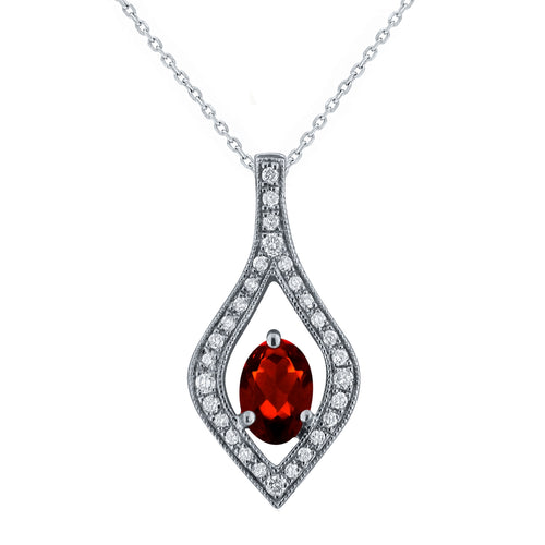 10k White Gold Oval Rhodolite Garnet and 1/20 Cttw Diamond-Accented Open Leaf Slider Pendant Necklace (H-I Color, I1-I2), 18