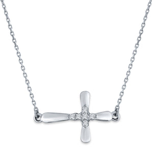 14k White Gold & Diamond Sideways Cross Necklace, 18" (0.08 Cttw, H-I Color, I1-I2)